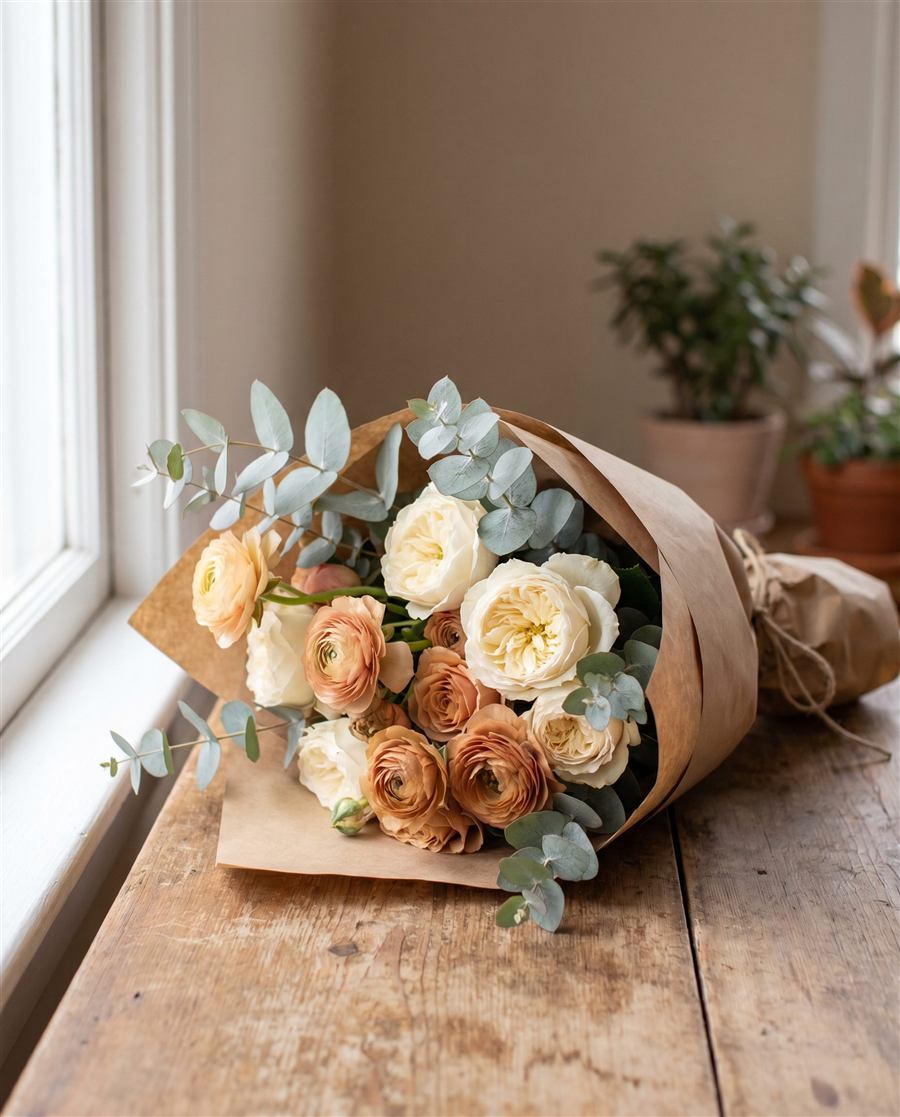 Handgebundener Strauß mit Rosen und Ranunkeln