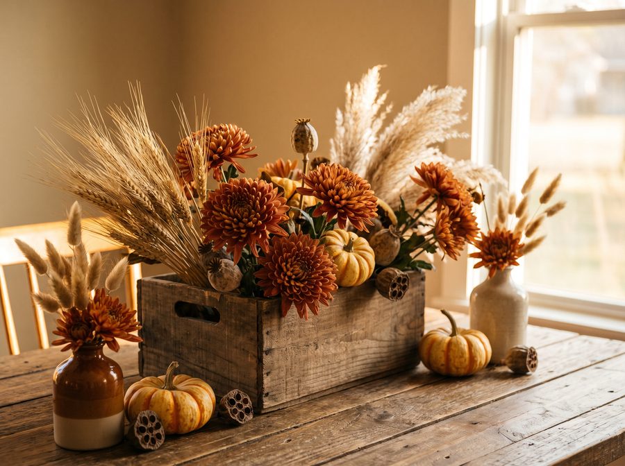 Herbststrauß mit Chrysanthemen, Gräsern und Kürbissen