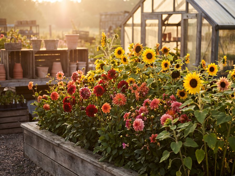 Sonnenblumen und Dahlien im Sommerbeet