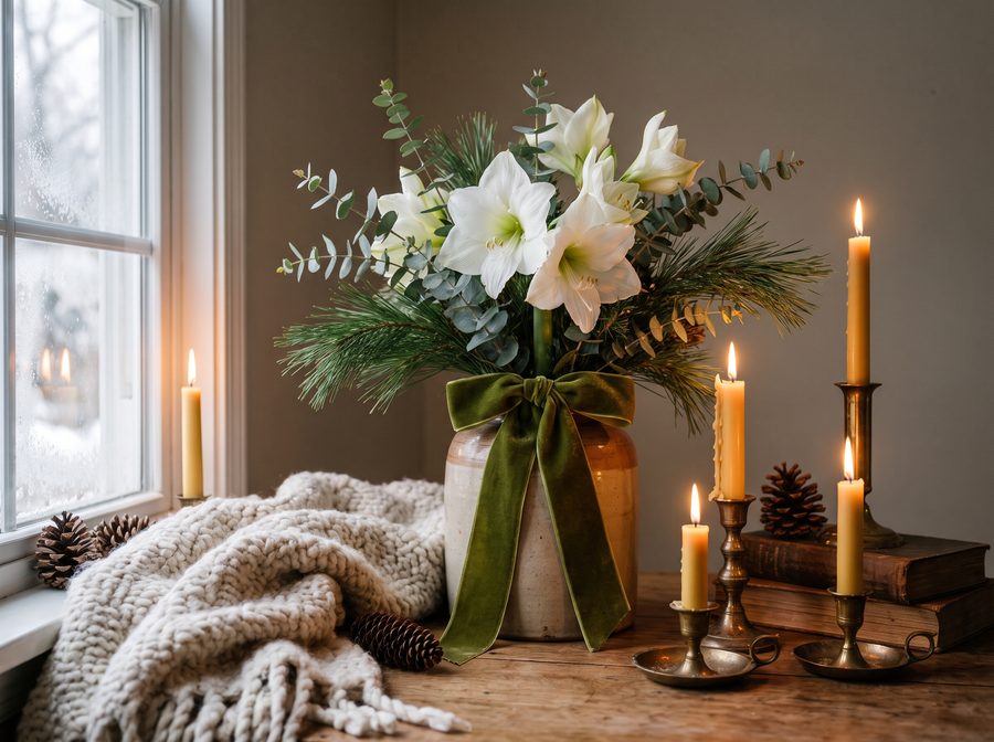 Winterliches Arrangement mit Amaryllis und Tannengrün