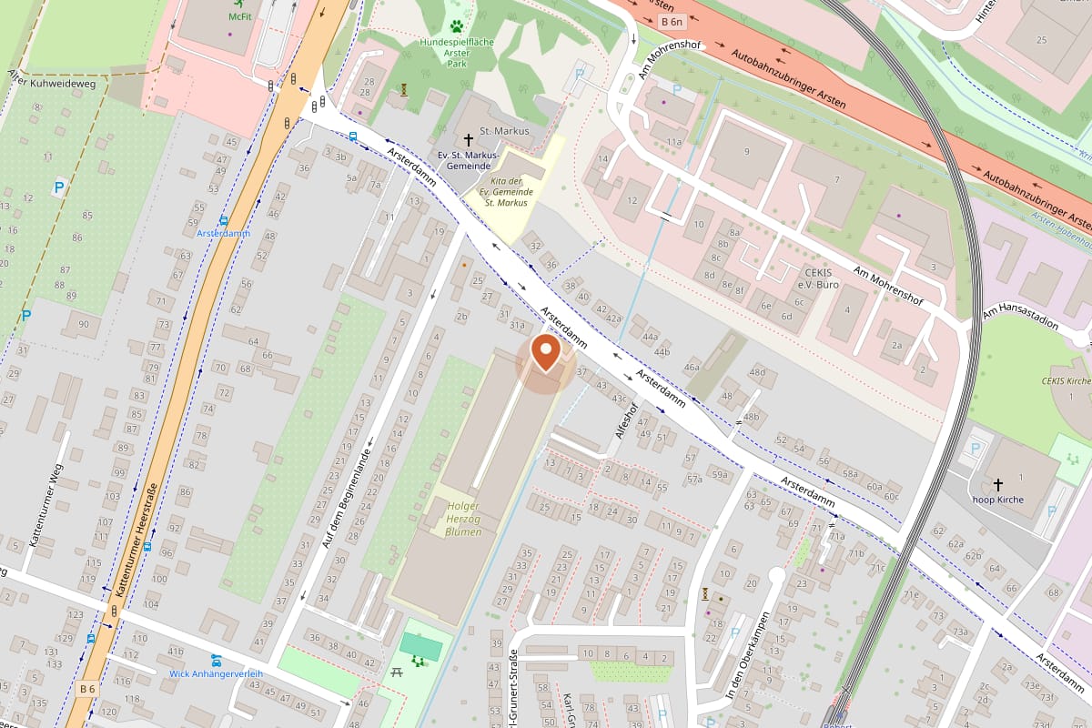 Karte mit dem Standort von Blumen Herzog am Arsterdamm 33 in Bremen-Arsten